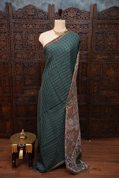 Semi Tussar Raw Silk Saree with Checkered Body & Kalamkari Pallu and Blouse – Deep Teal Green