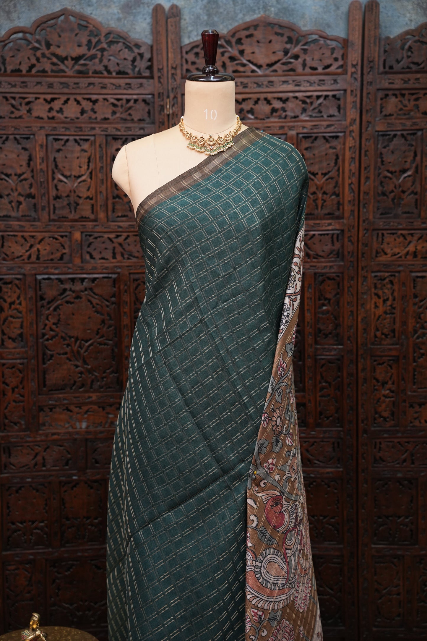 Semi Tussar Raw Silk Saree with Checkered Body & Kalamkari Pallu and Blouse – Deep Teal Green