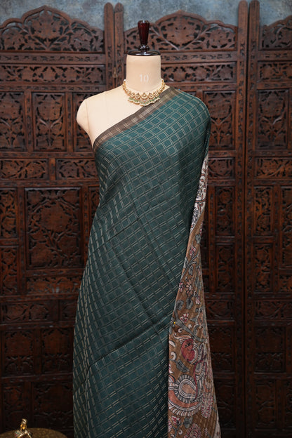 Semi Tussar Raw Silk Saree with Checkered Body & Kalamkari Pallu and Blouse – Deep Teal Green