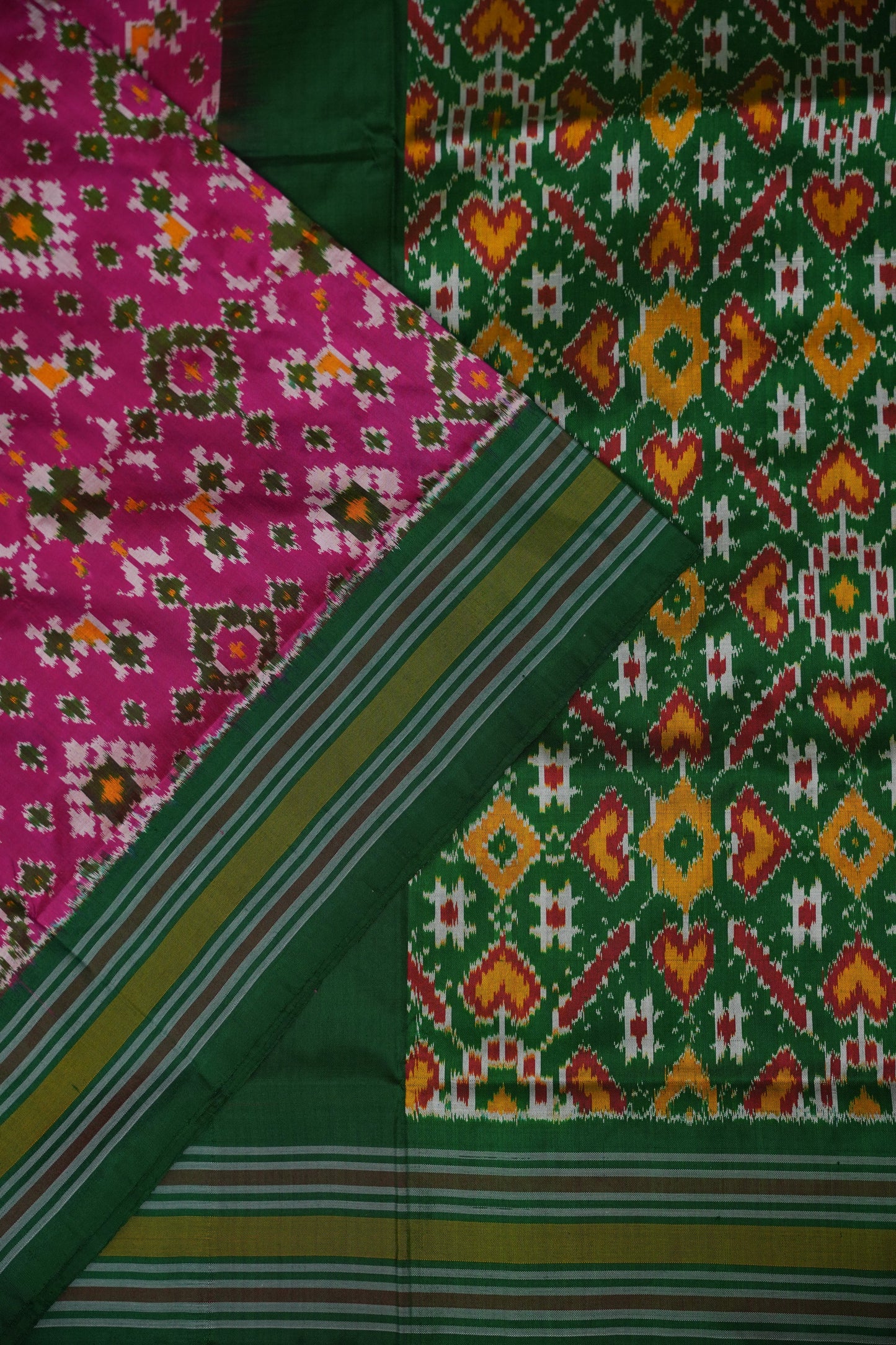 Pure Ikkat Soft Silk Saree - Pink & Emerald Green