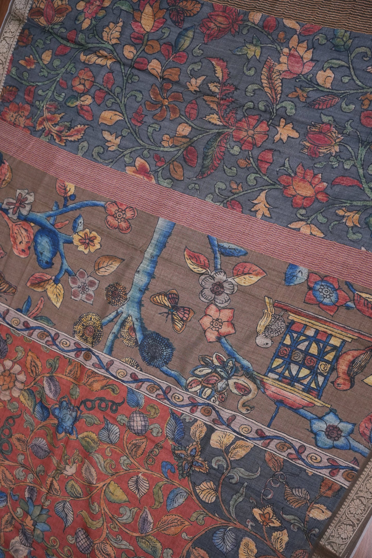 Linen Tussar Saree with Floral Kalamkari Digital Print – Slate Grey