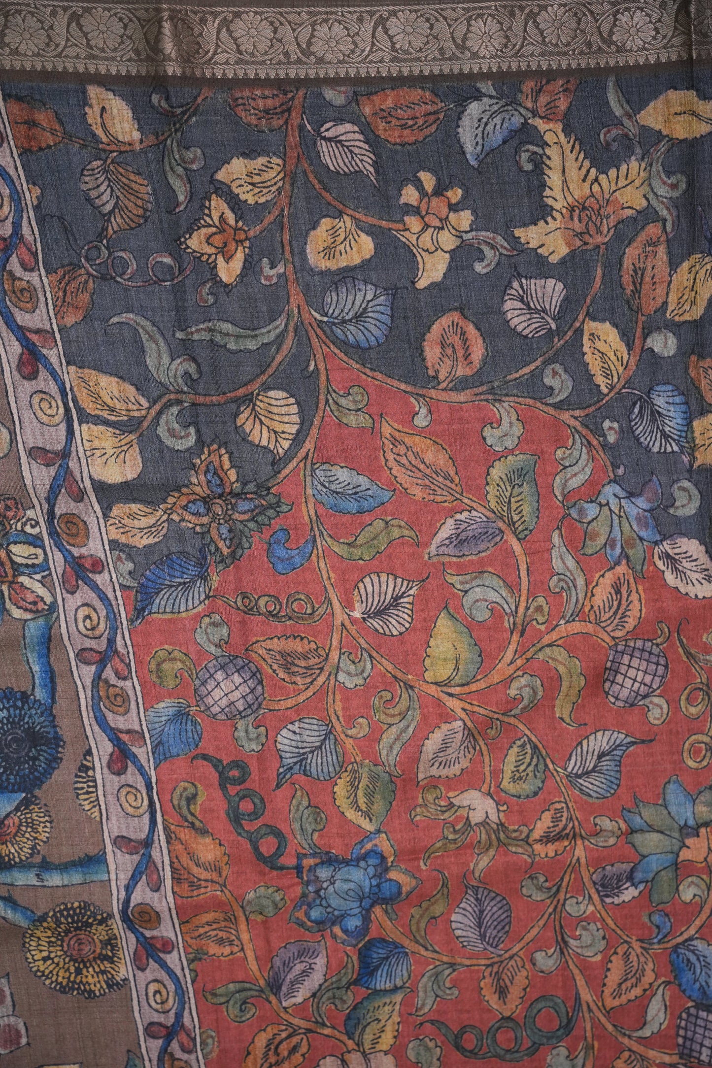 Linen Tussar Saree with Floral Kalamkari Digital Print – Slate Grey
