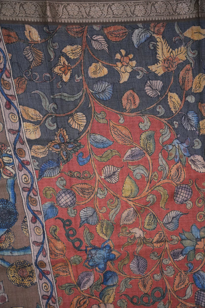 Linen Tussar Saree with Floral Kalamkari Digital Print – Slate Grey