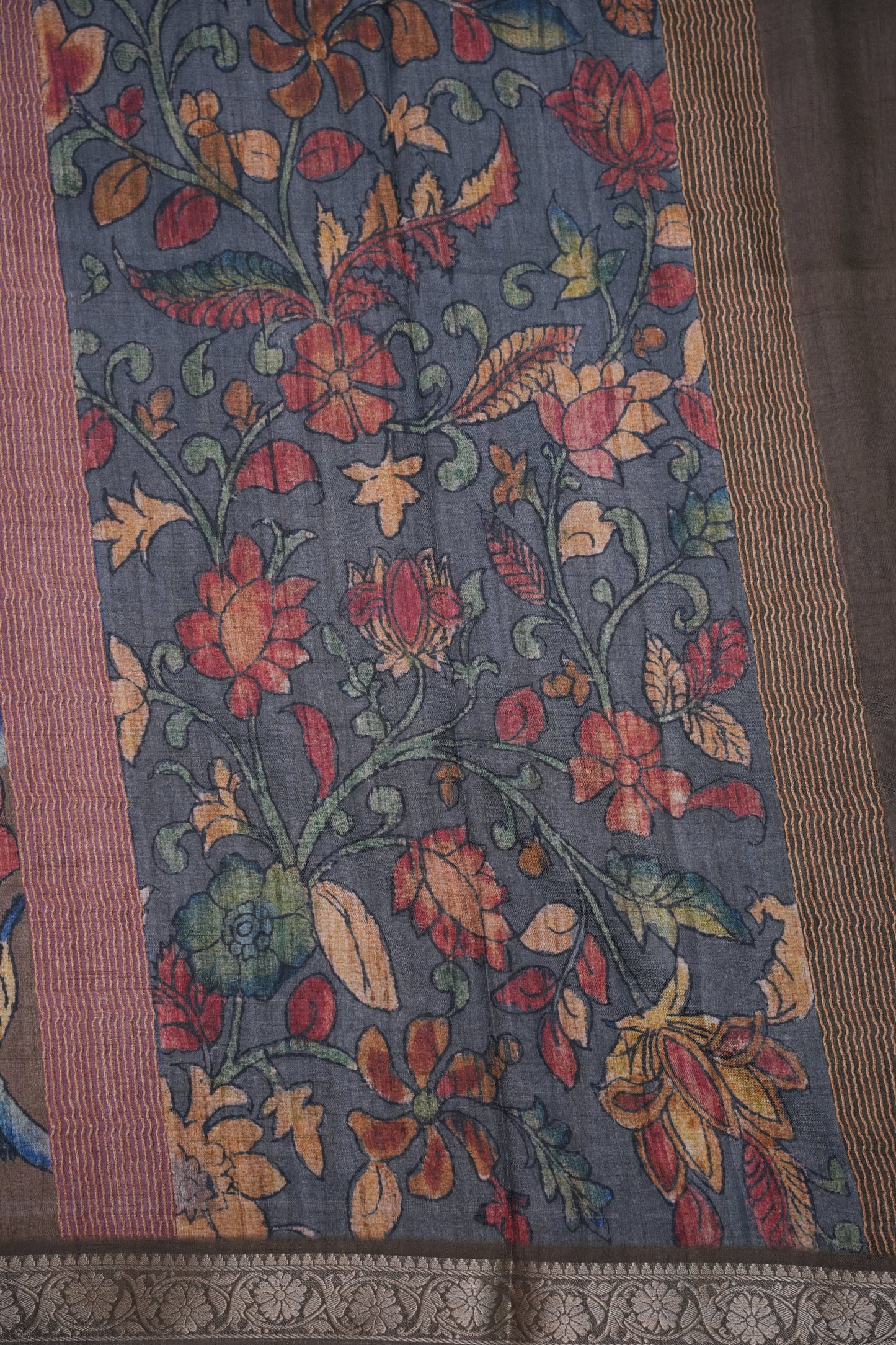 Linen Tussar Saree with Floral Kalamkari Digital Print – Slate Grey