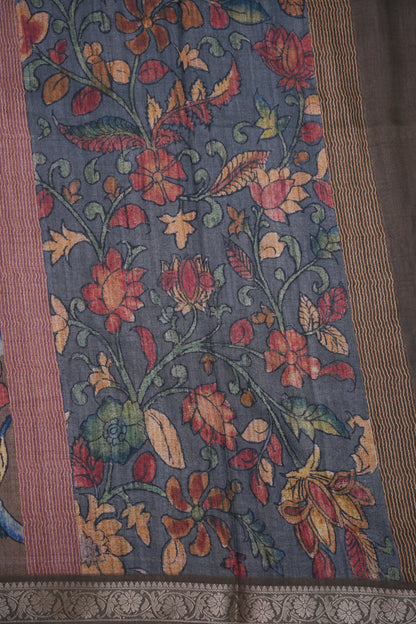 Linen Tussar Saree with Floral Kalamkari Digital Print – Slate Grey