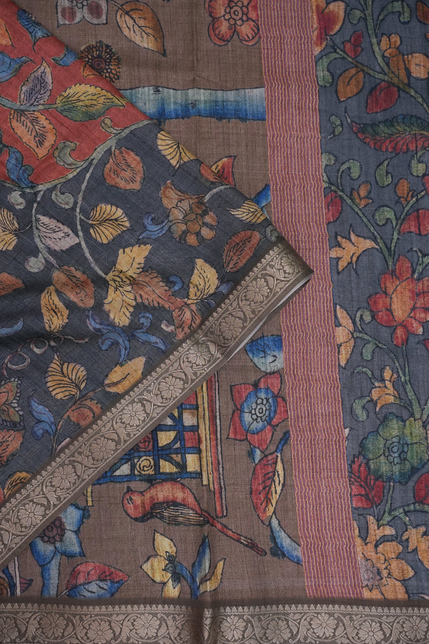 Linen Tussar Saree with Floral Kalamkari Digital Print – Slate Grey