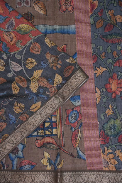 Linen Tussar Saree with Floral Kalamkari Digital Print – Slate Grey