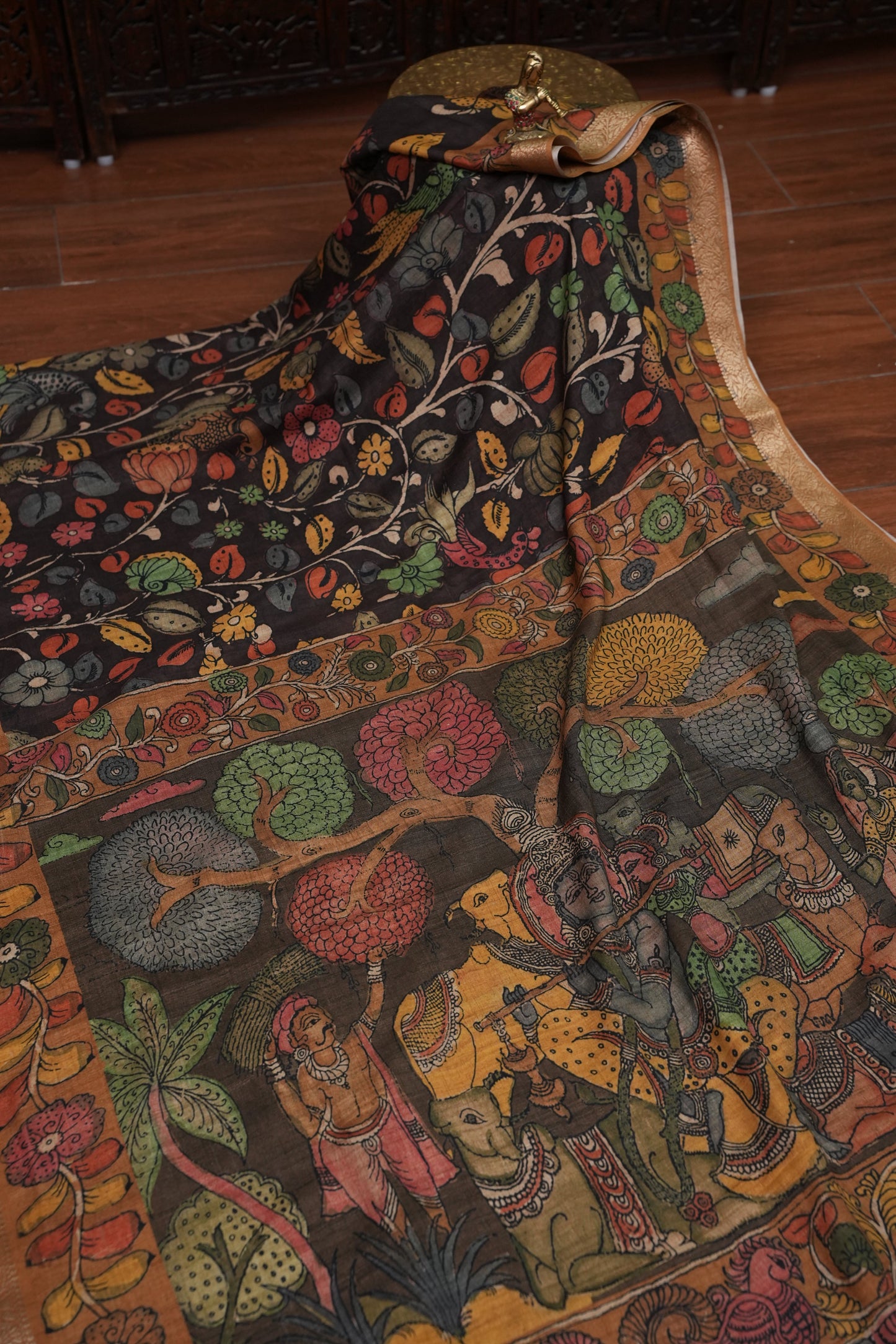 Linen Tussar Saree with Kalamkari Digital Print – Coffee Brown Mythological Theme