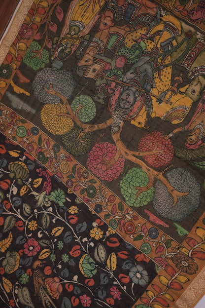 Linen Tussar Saree with Kalamkari Digital Print – Coffee Brown Mythological Theme