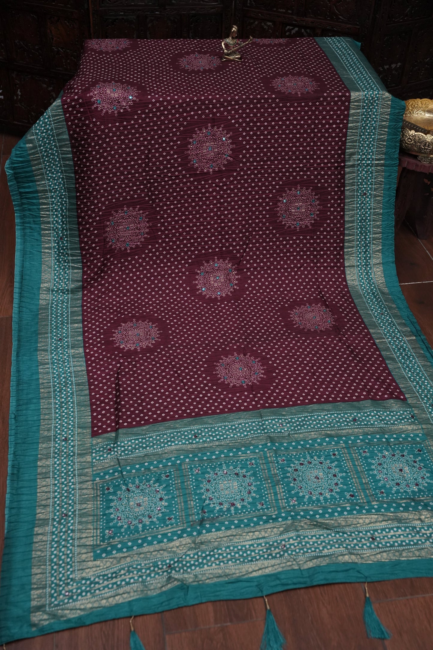 Bandhini Digital Print Semi Silk Saree-Wine and Turquoise Blue