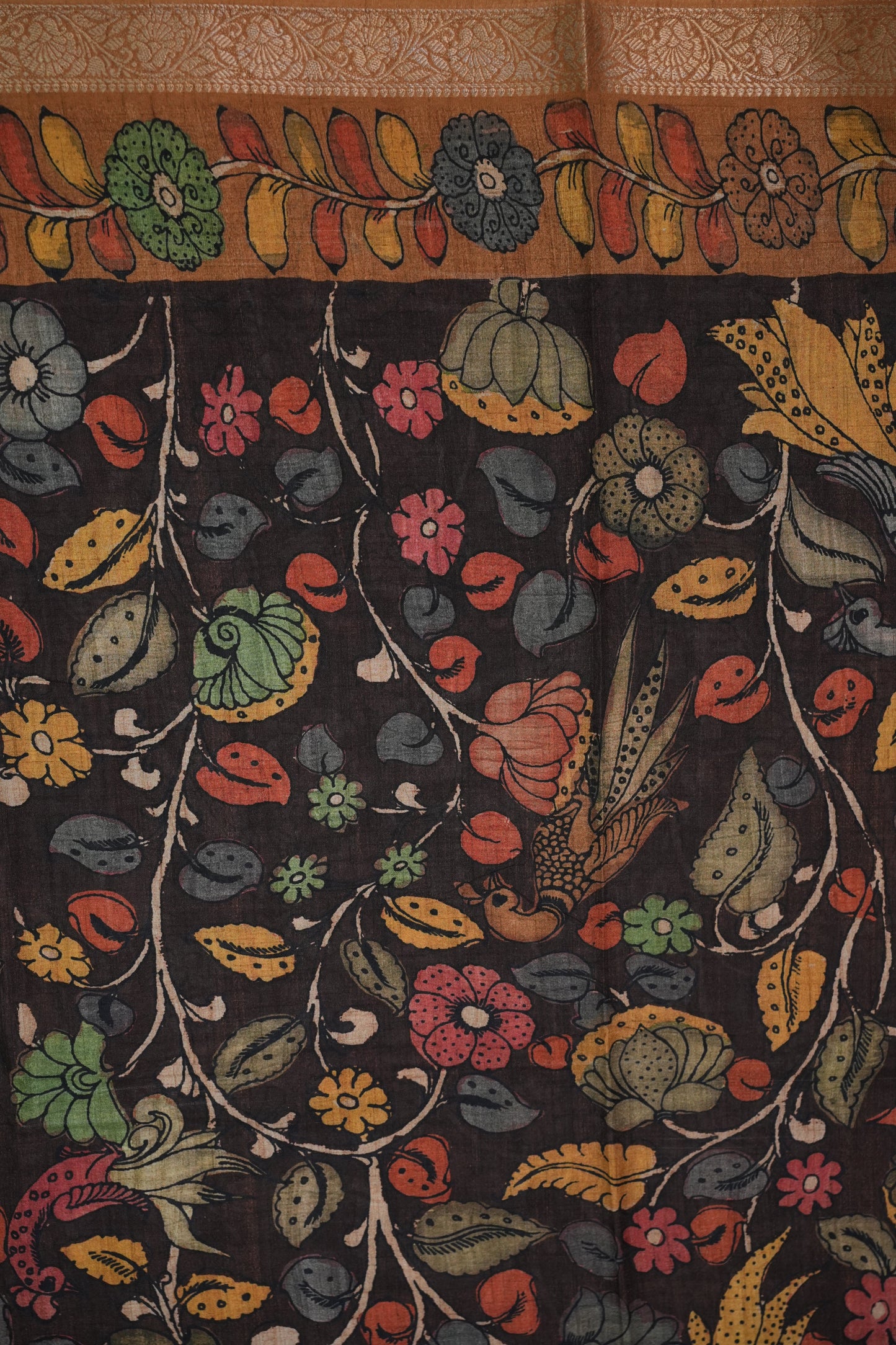 Linen Tussar Saree with Kalamkari Digital Print – Coffee Brown Mythological Theme