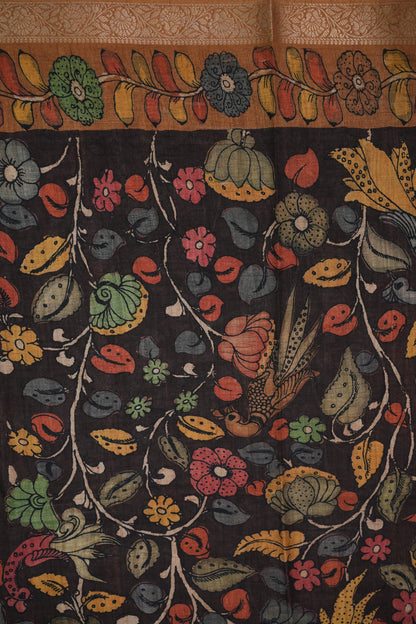 Linen Tussar Saree with Kalamkari Digital Print – Coffee Brown Mythological Theme