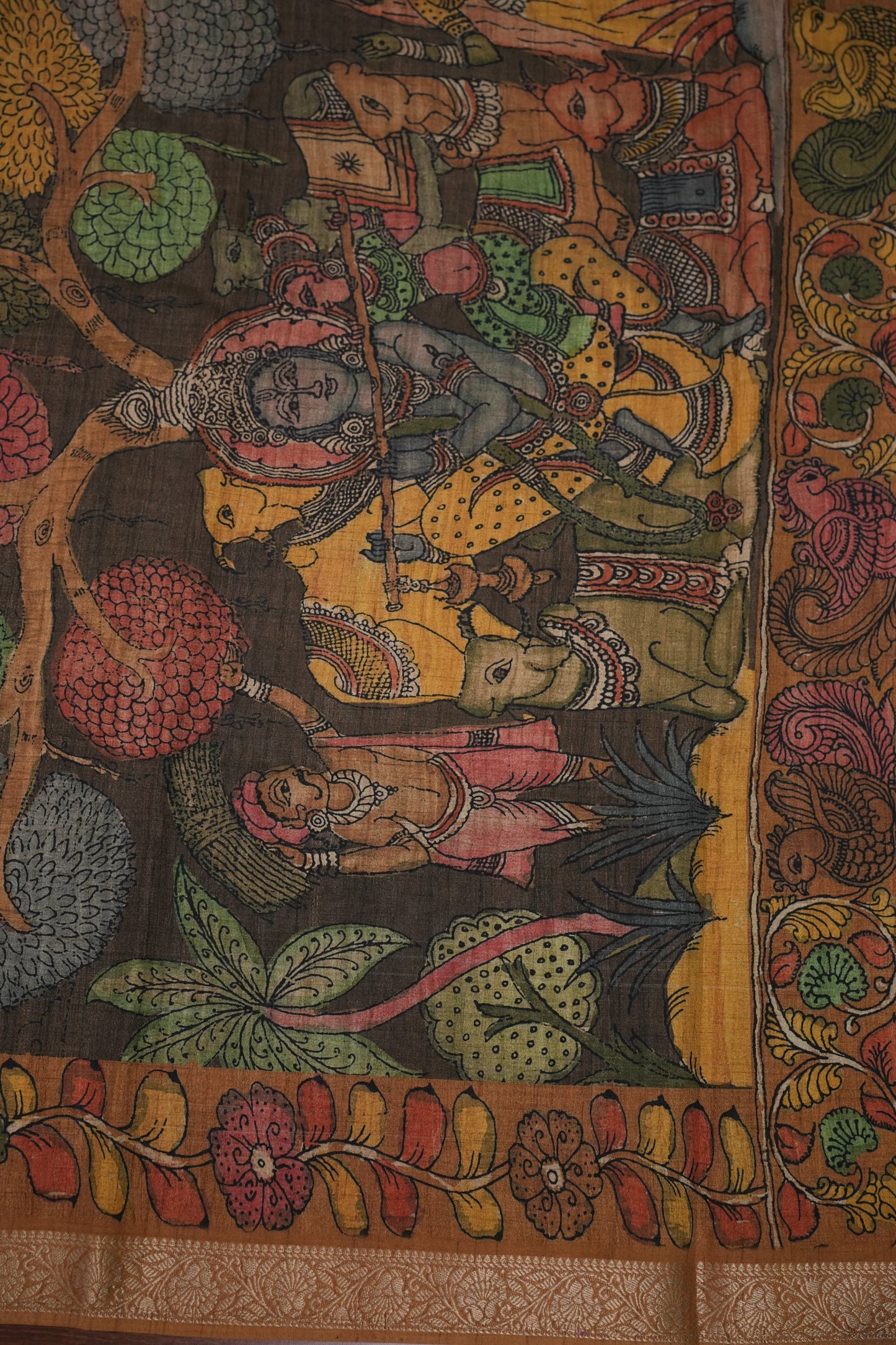 Linen Tussar Saree with Kalamkari Digital Print – Coffee Brown Mythological Theme