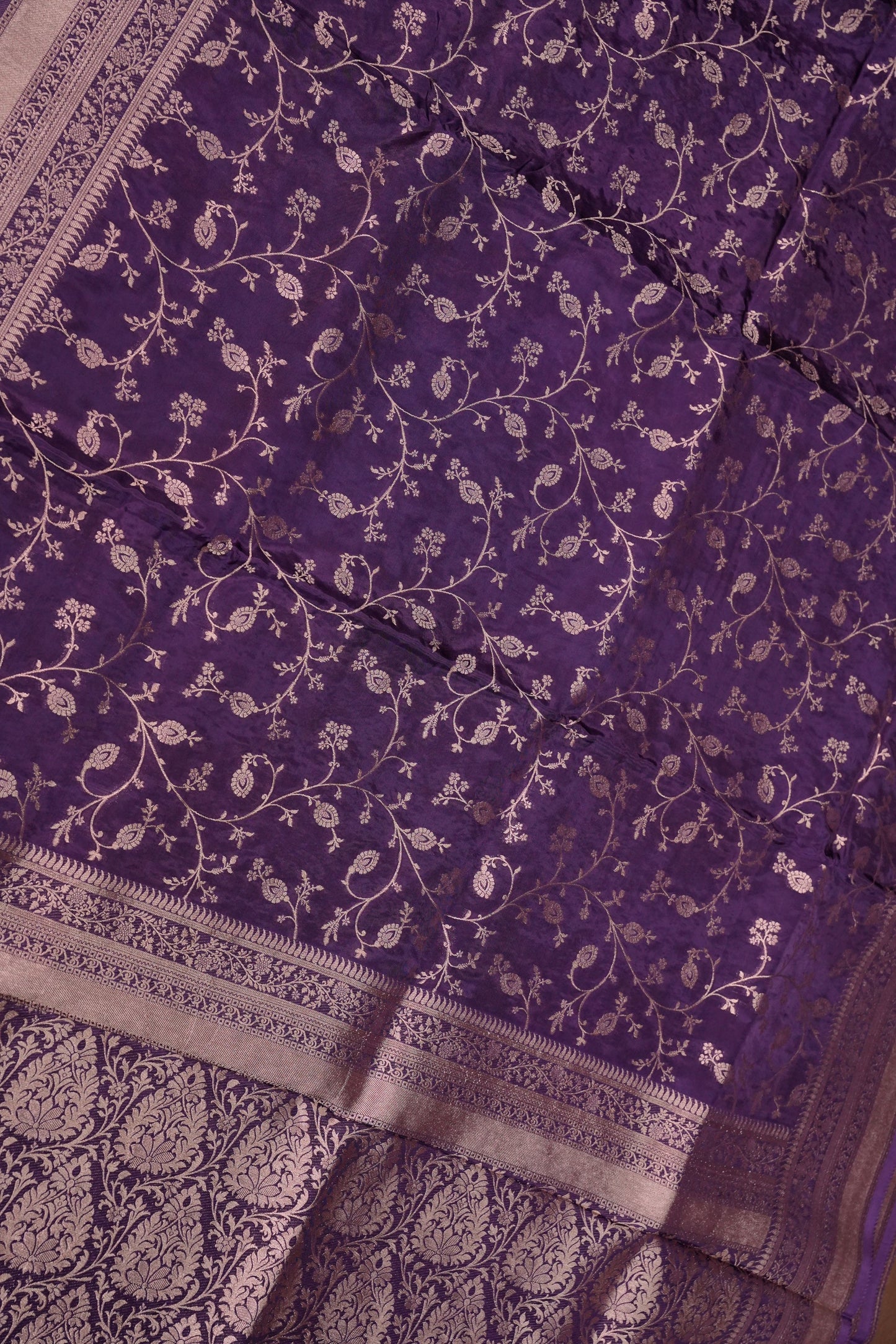 Banarasi Silk Saree - Deep Violet Purple with Gold Zari Floral Weave