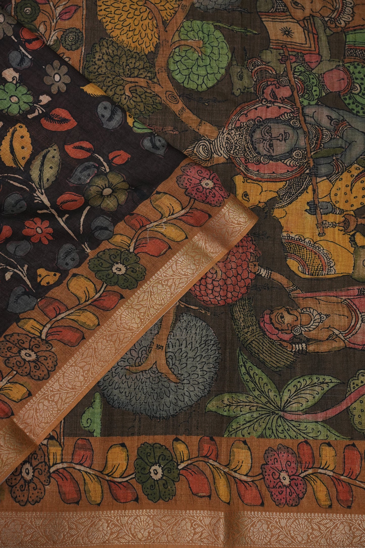 Linen Tussar Saree with Kalamkari Digital Print – Coffee Brown Mythological Theme