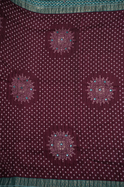 Bandhini Digital Print Semi Silk Saree-Wine and Turquoise Blue