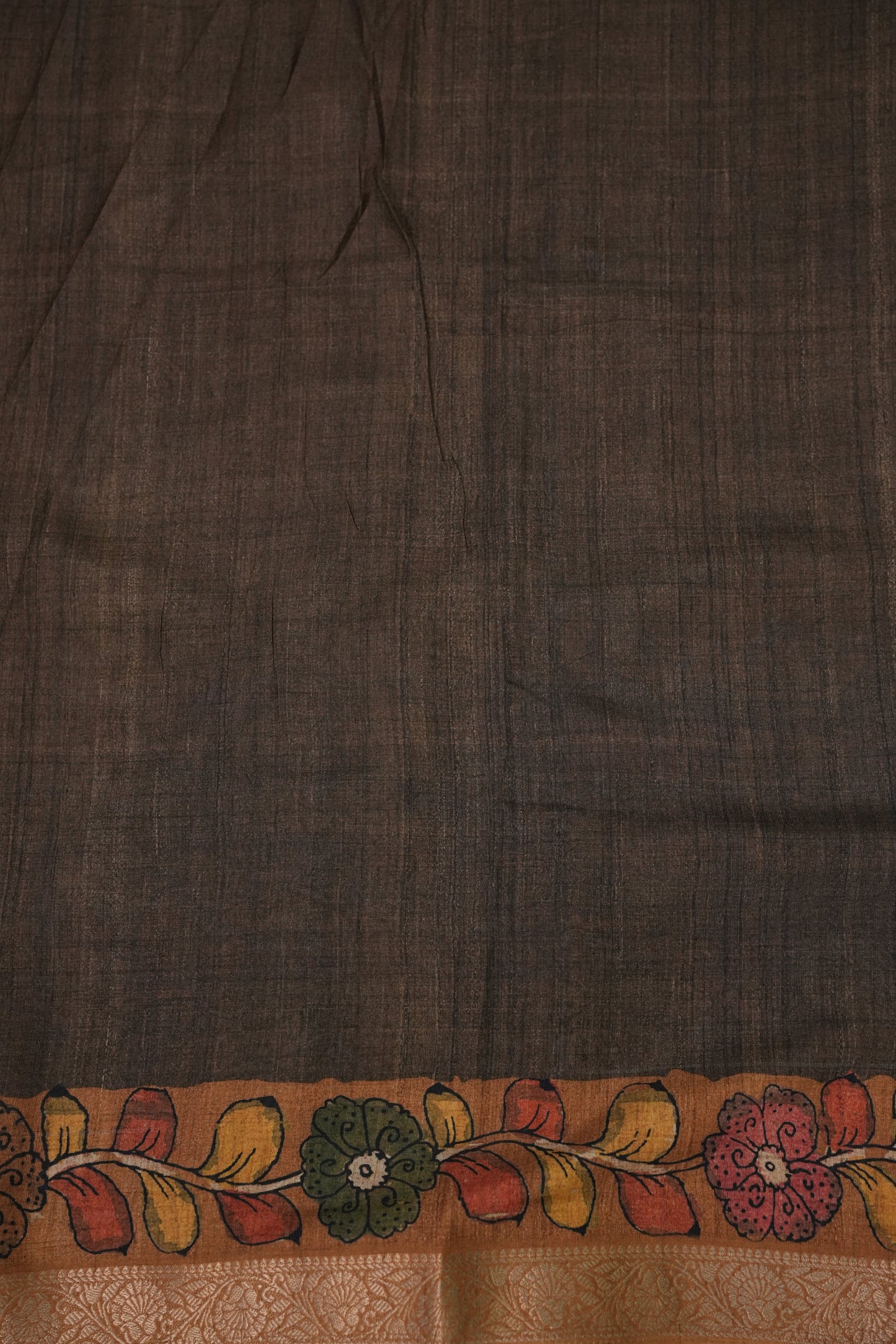 Linen Tussar Saree with Kalamkari Digital Print – Coffee Brown Mythological Theme