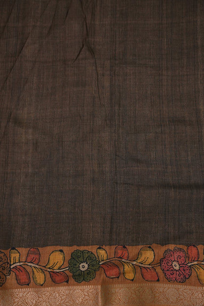Linen Tussar Saree with Kalamkari Digital Print – Coffee Brown Mythological Theme