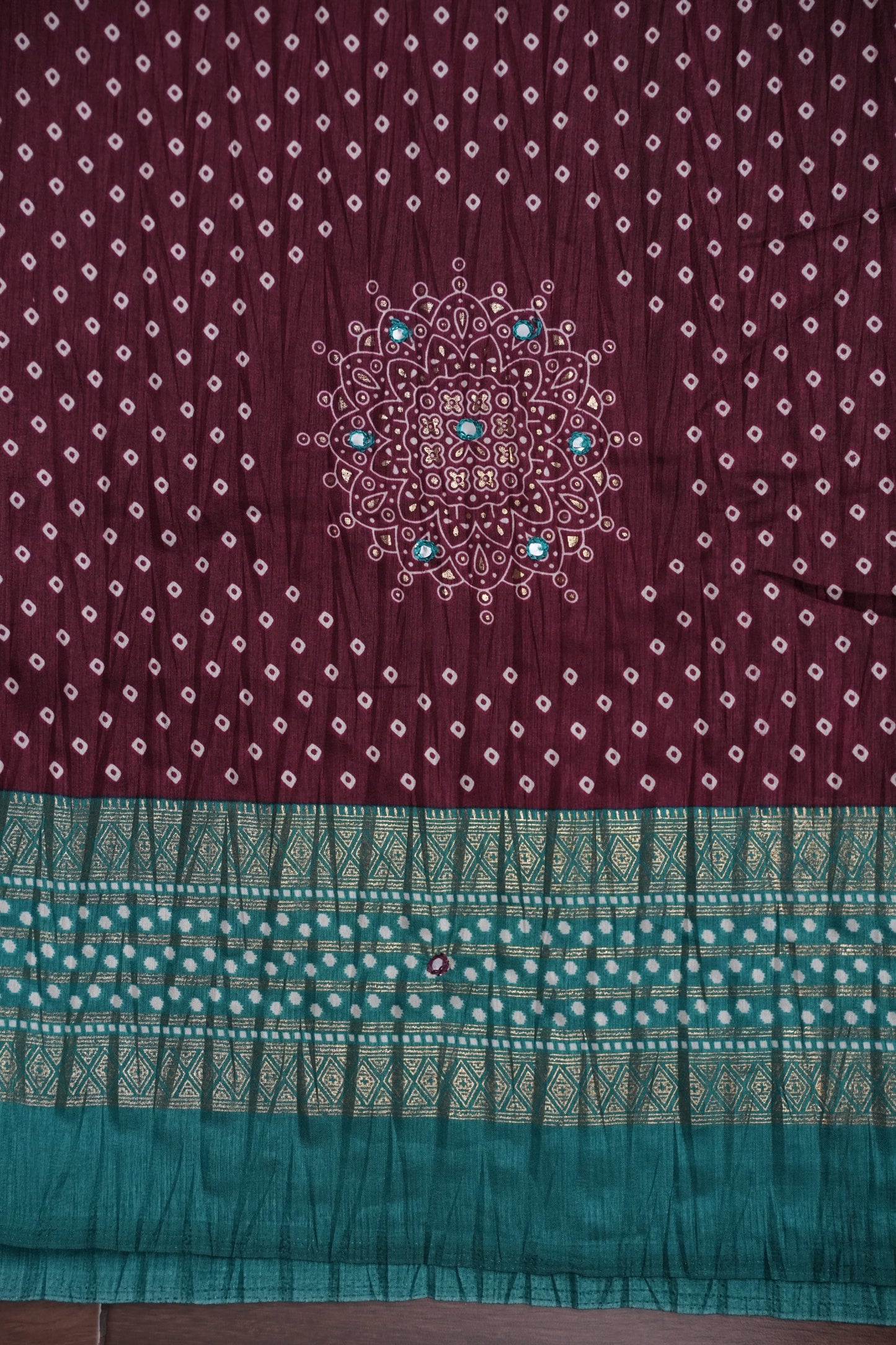 Bandhini Digital Print Semi Silk Saree-Wine and Turquoise Blue