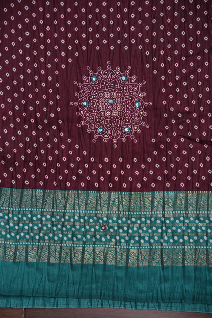 Bandhini Digital Print Semi Silk Saree-Wine and Turquoise Blue