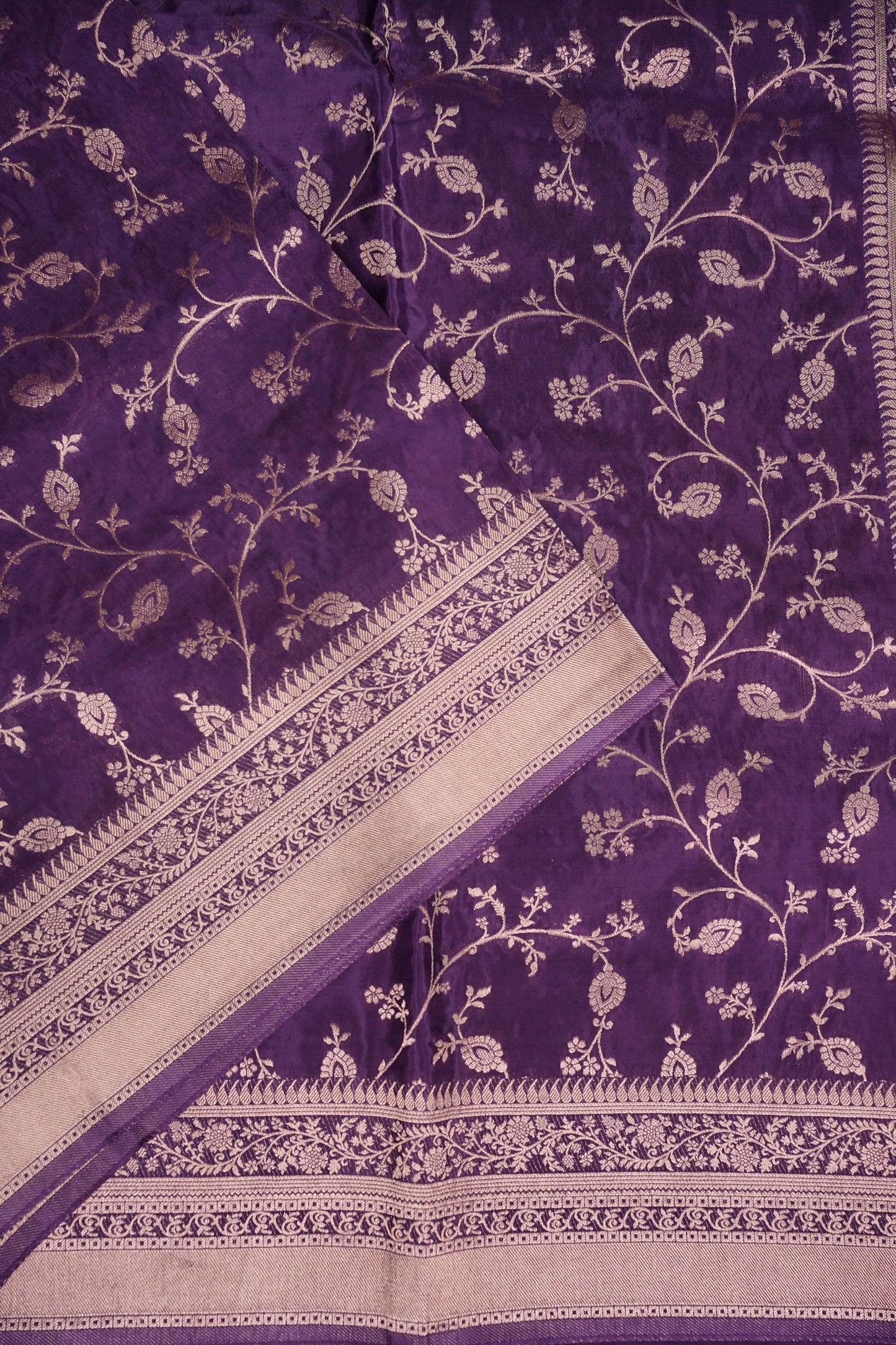 Banarasi Silk Saree - Deep Violet Purple with Gold Zari Floral Weave
