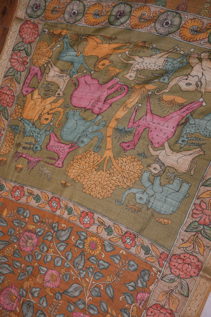Linen Tussar Saree with Kalamkari Digital Print – Olive Green Wildlife Theme