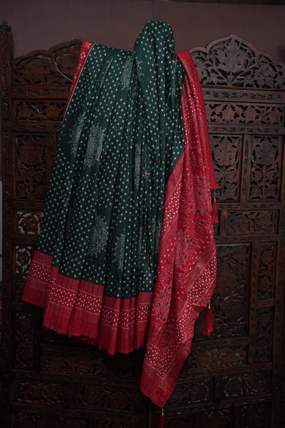 Bandhini Digital Print Semi Silk Saree-Bottle Green and Red