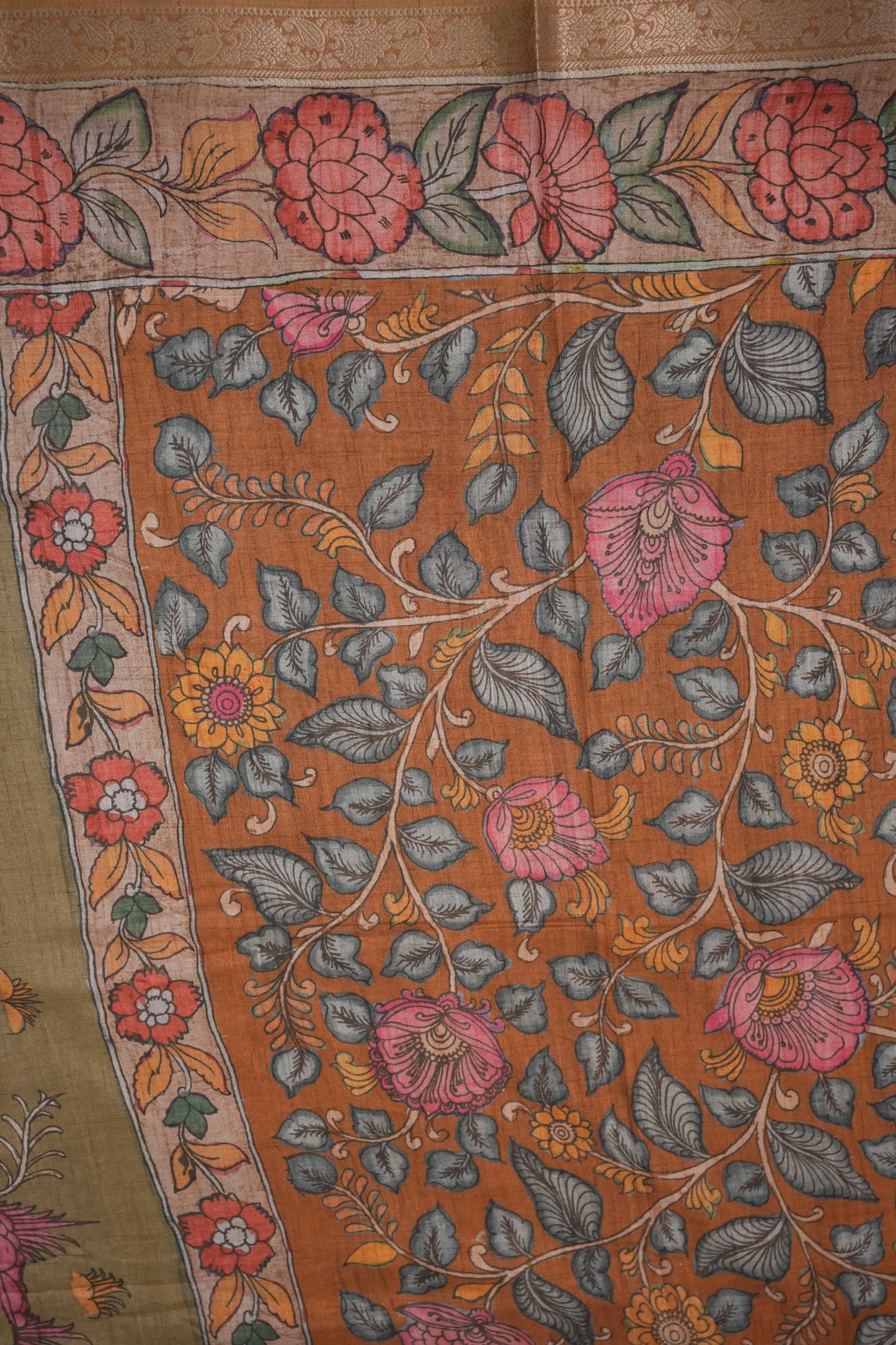 Linen Tussar Saree with Kalamkari Digital Print – Olive Green Wildlife Theme