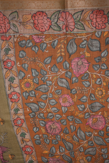 Linen Tussar Saree with Kalamkari Digital Print – Olive Green Wildlife Theme