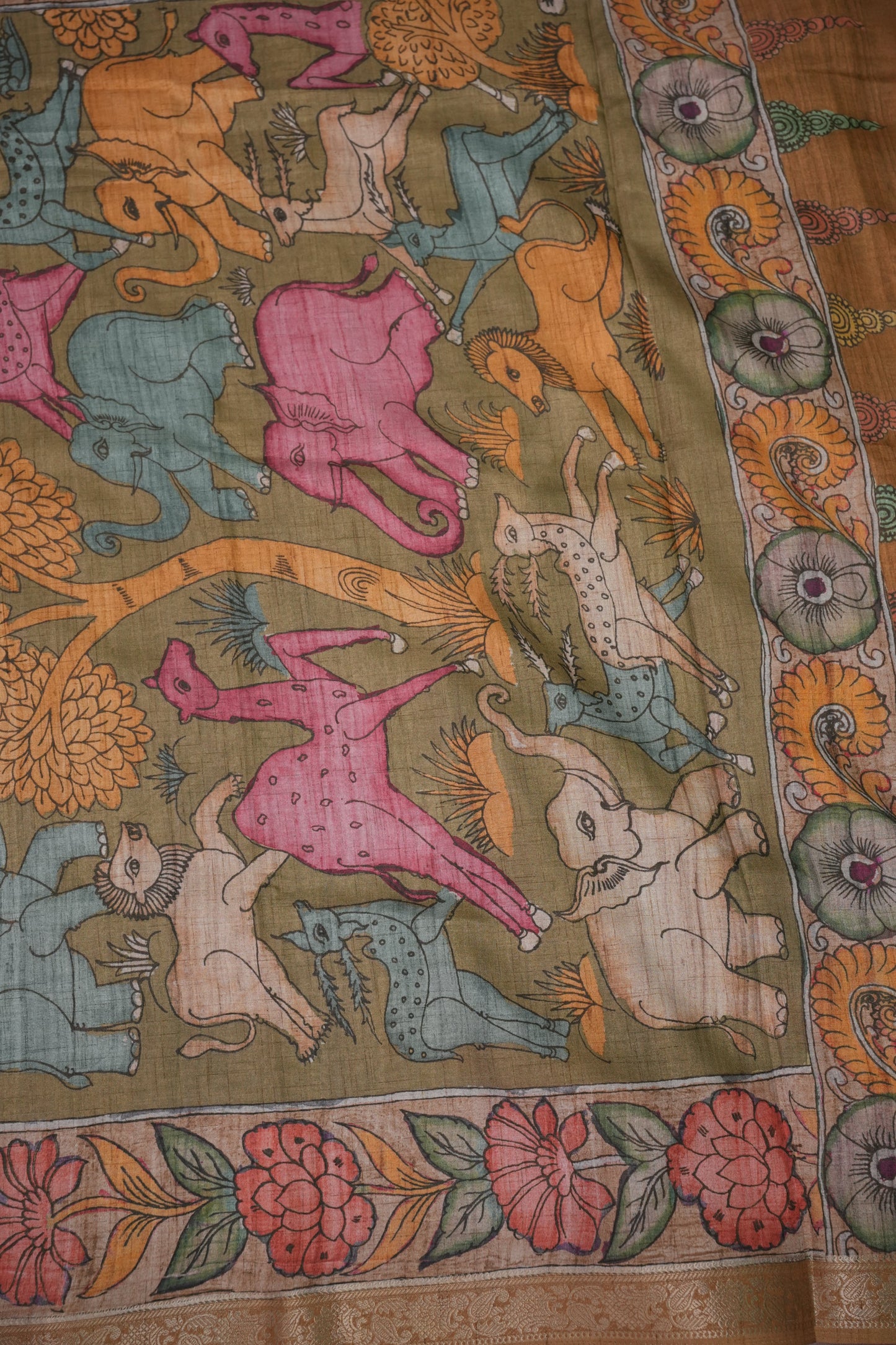 Linen Tussar Saree with Kalamkari Digital Print – Olive Green Wildlife Theme