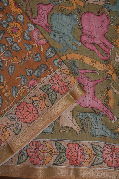 Linen Tussar Saree with Kalamkari Digital Print – Olive Green Wildlife Theme