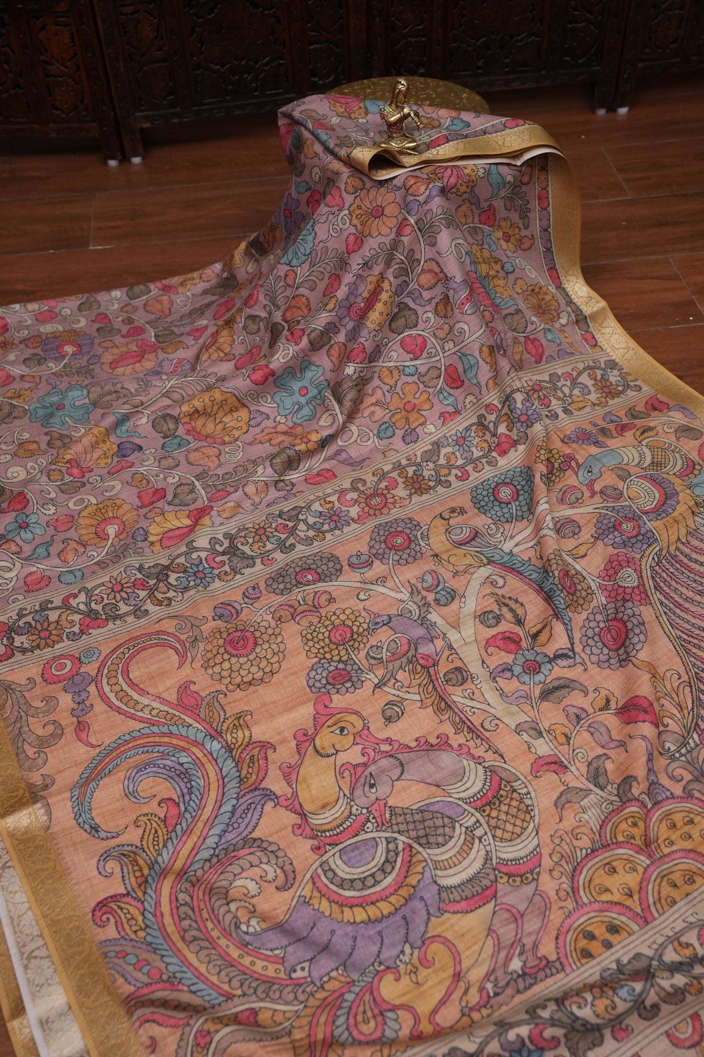 Linen Tussar Saree with Kalamkari Digital Print – Peach Floral & Peacock Theme