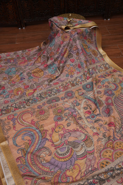 Linen Tussar Saree with Kalamkari Digital Print – Peach Floral & Peacock Theme