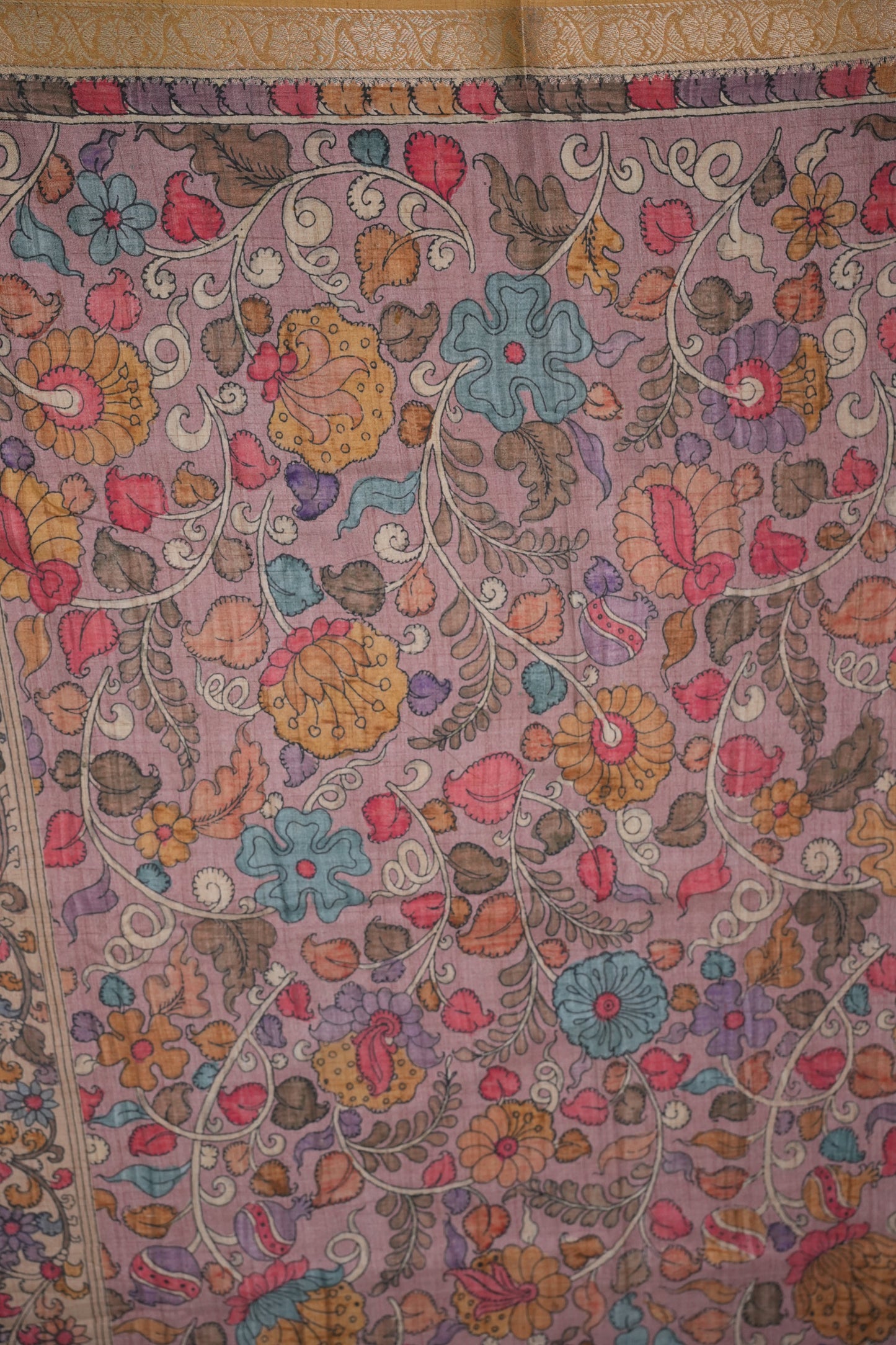 Linen Tussar Saree with Kalamkari Digital Print – Peach Floral & Peacock Theme