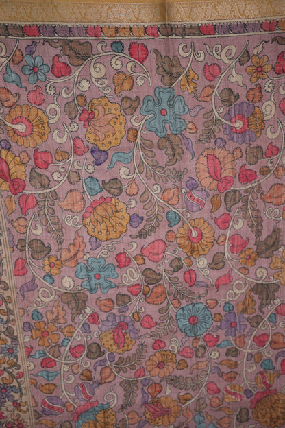Linen Tussar Saree with Kalamkari Digital Print – Peach Floral & Peacock Theme