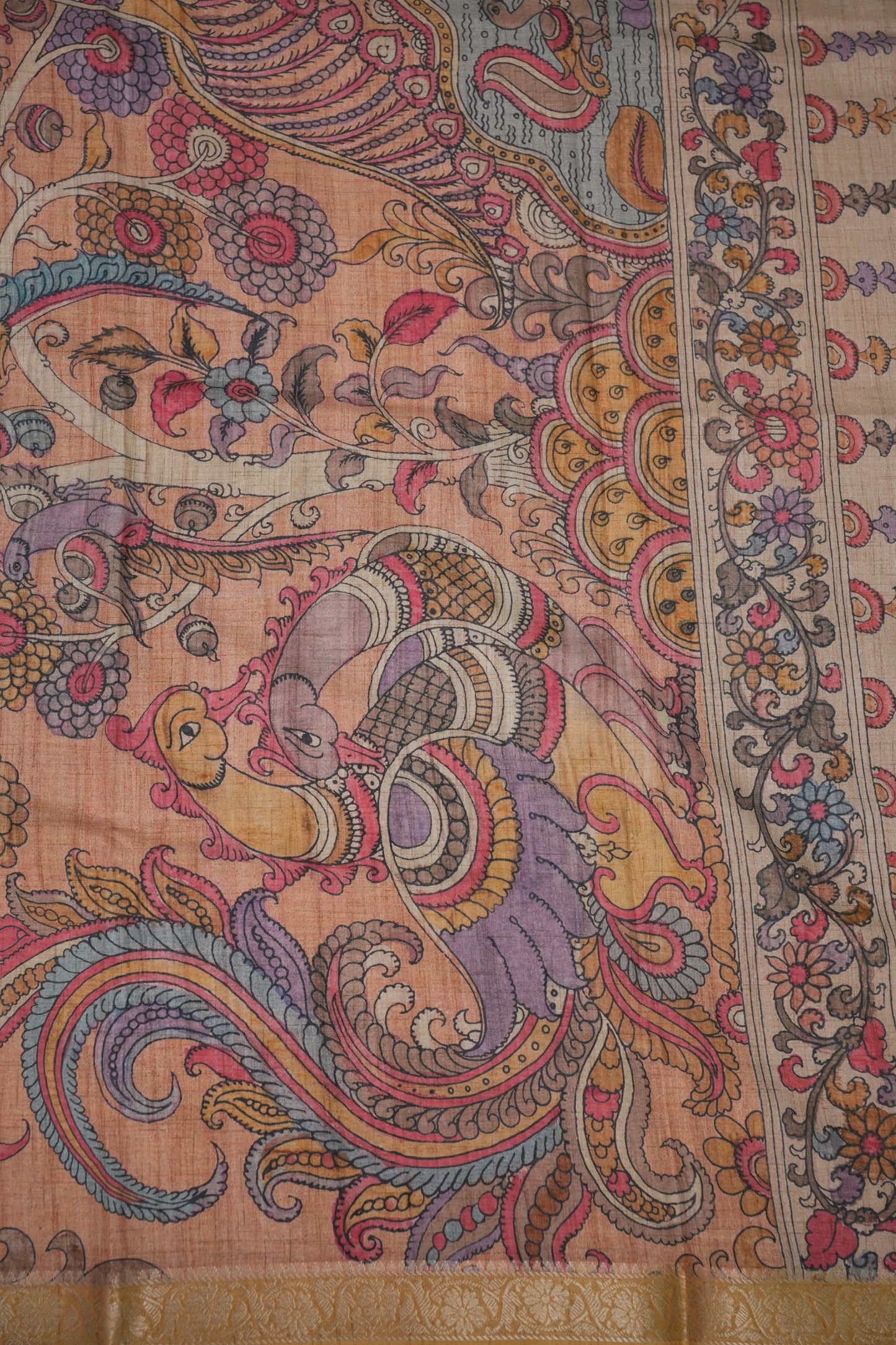 Linen Tussar Saree with Kalamkari Digital Print – Peach Floral & Peacock Theme