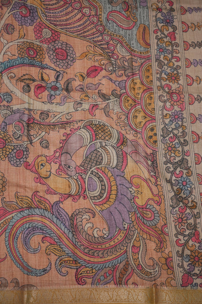 Linen Tussar Saree with Kalamkari Digital Print – Peach Floral & Peacock Theme