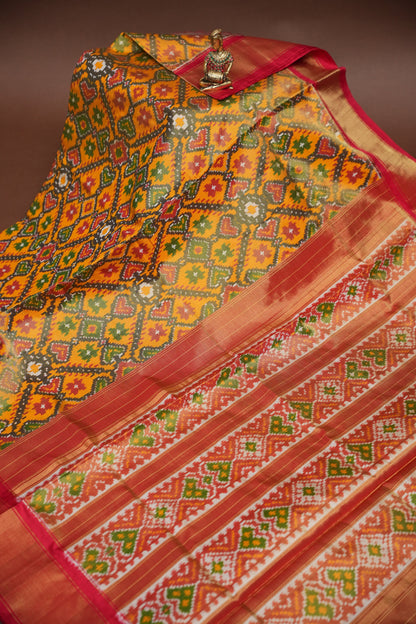 Mustard Yellow Pochampally Ikkat Silk Saree with Red Tissue Border|Silk Mark Certified