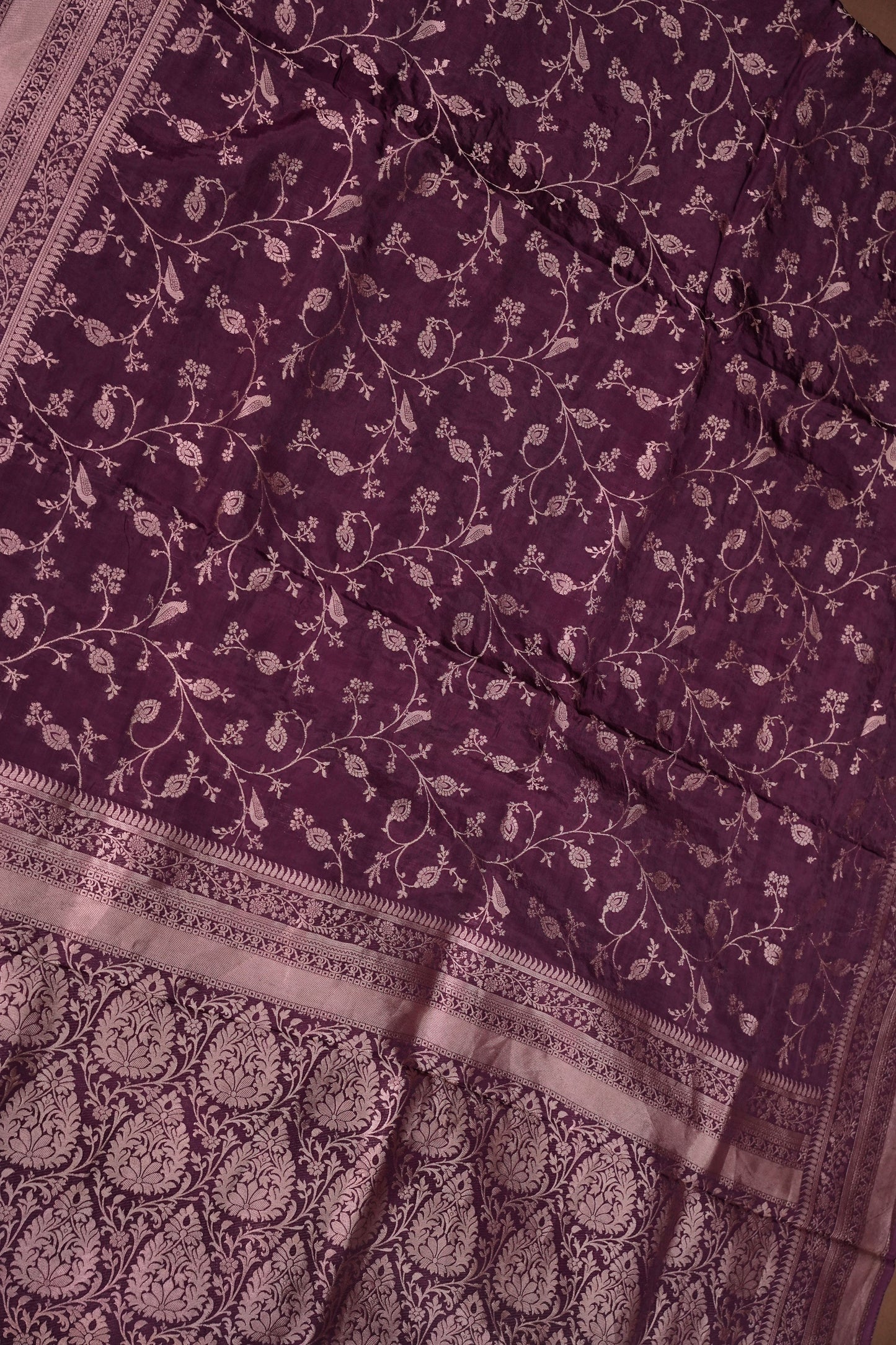 Banarasi Silk Saree – Rich Plum Purple with Intricate Gold Zari Floral Weave