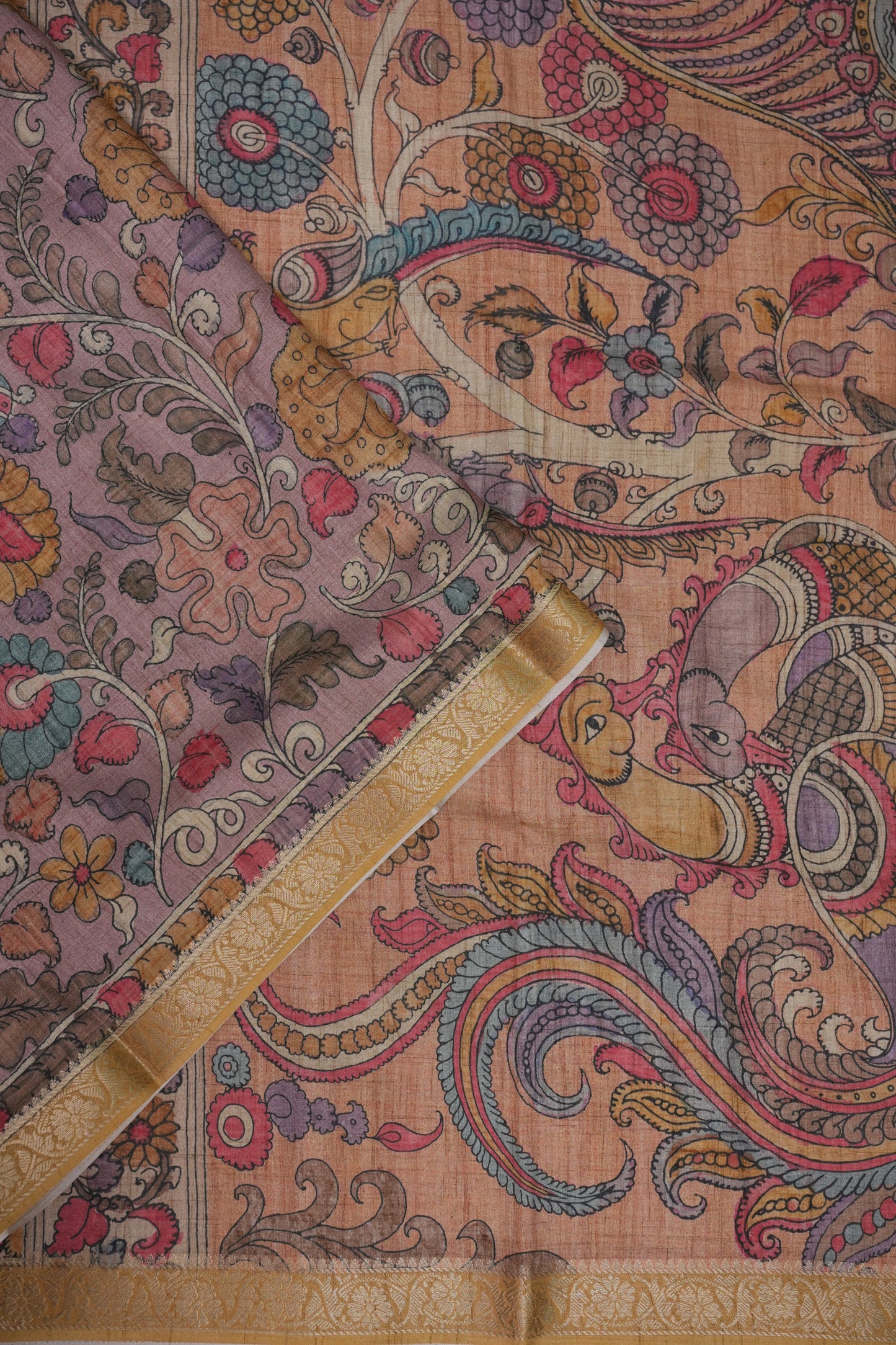 Linen Tussar Saree with Kalamkari Digital Print – Peach Floral & Peacock Theme