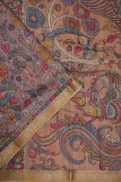 Linen Tussar Saree with Kalamkari Digital Print – Peach Floral & Peacock Theme