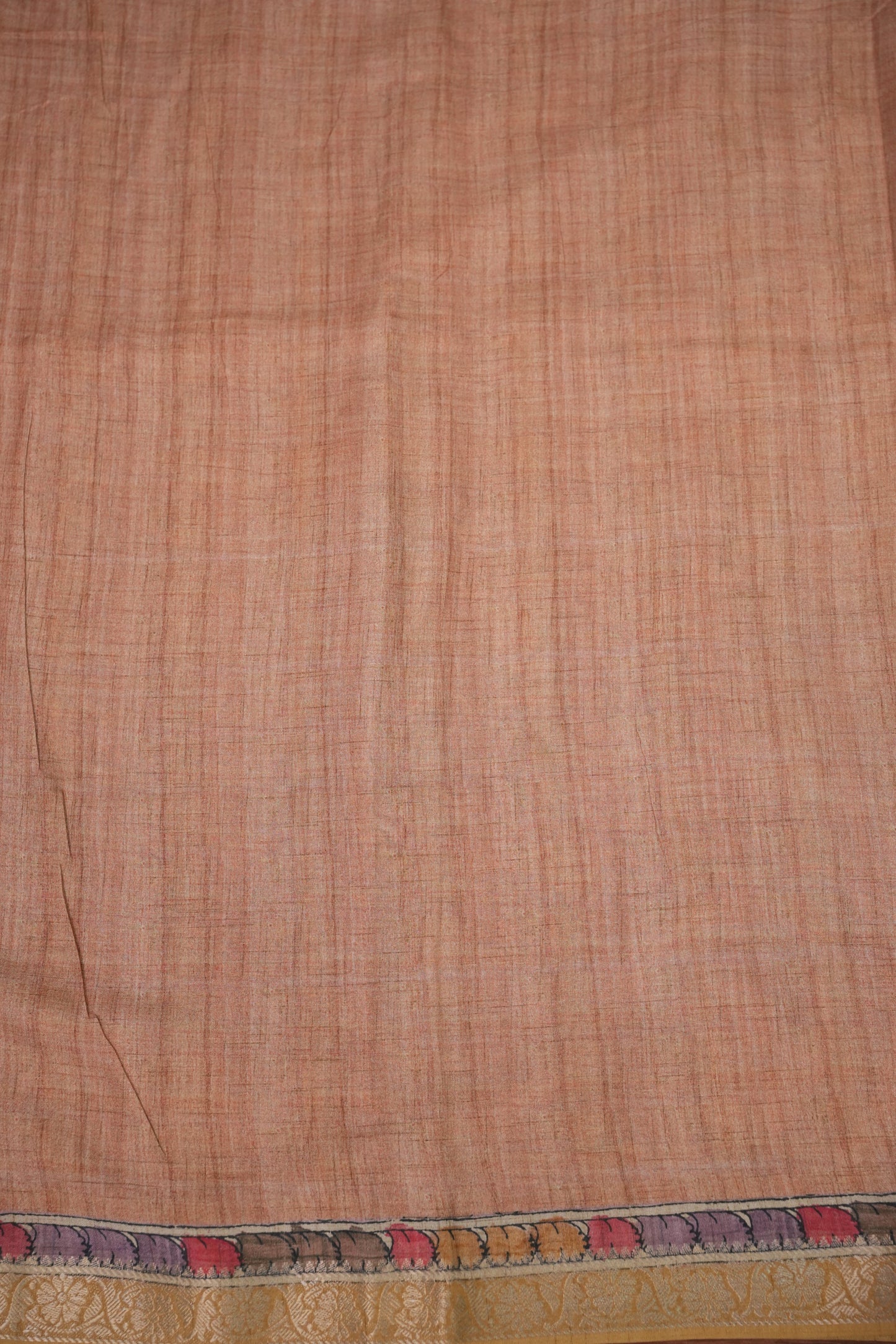 Linen Tussar Saree with Kalamkari Digital Print – Peach Floral & Peacock Theme
