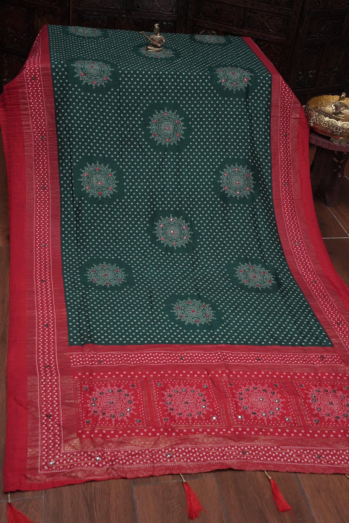 Bandhini Digital Print Semi Silk Saree-Bottle Green and Red