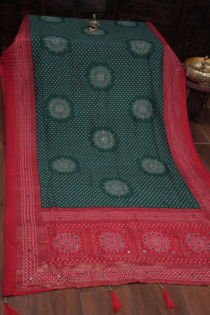 Bandhini Digital Print Semi Silk Saree-Bottle Green and Red
