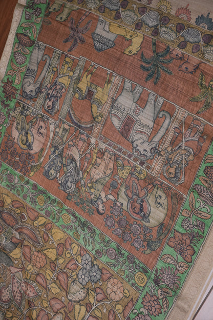 Linen Tussar Saree with Kalamkari Digital Print – Rust Brown Heritage Theme