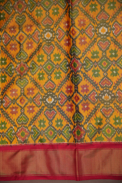 Mustard Yellow Pochampally Ikkat Silk Saree with Red Tissue Border|Silk Mark Certified