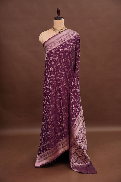 Banarasi Silk Saree – Rich Plum Purple with Intricate Gold Zari Floral Weave