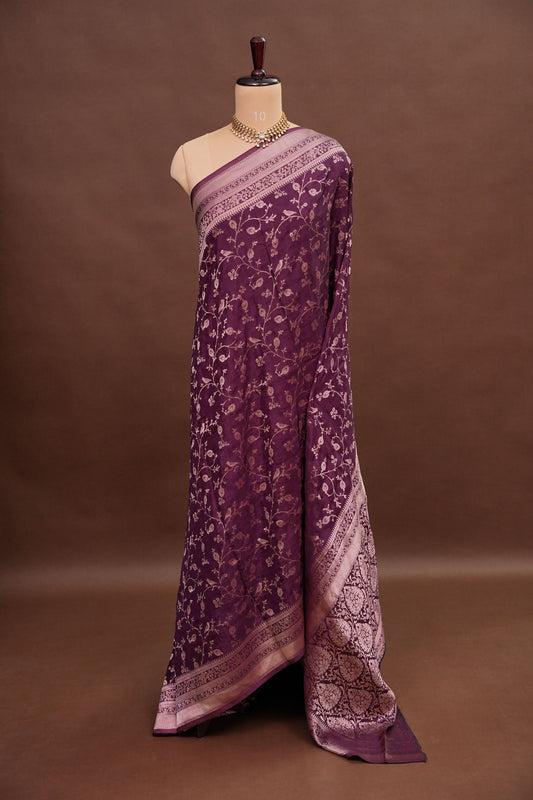 Banarasi Silk Saree – Rich Plum Purple with Intricate Gold Zari Floral Weave