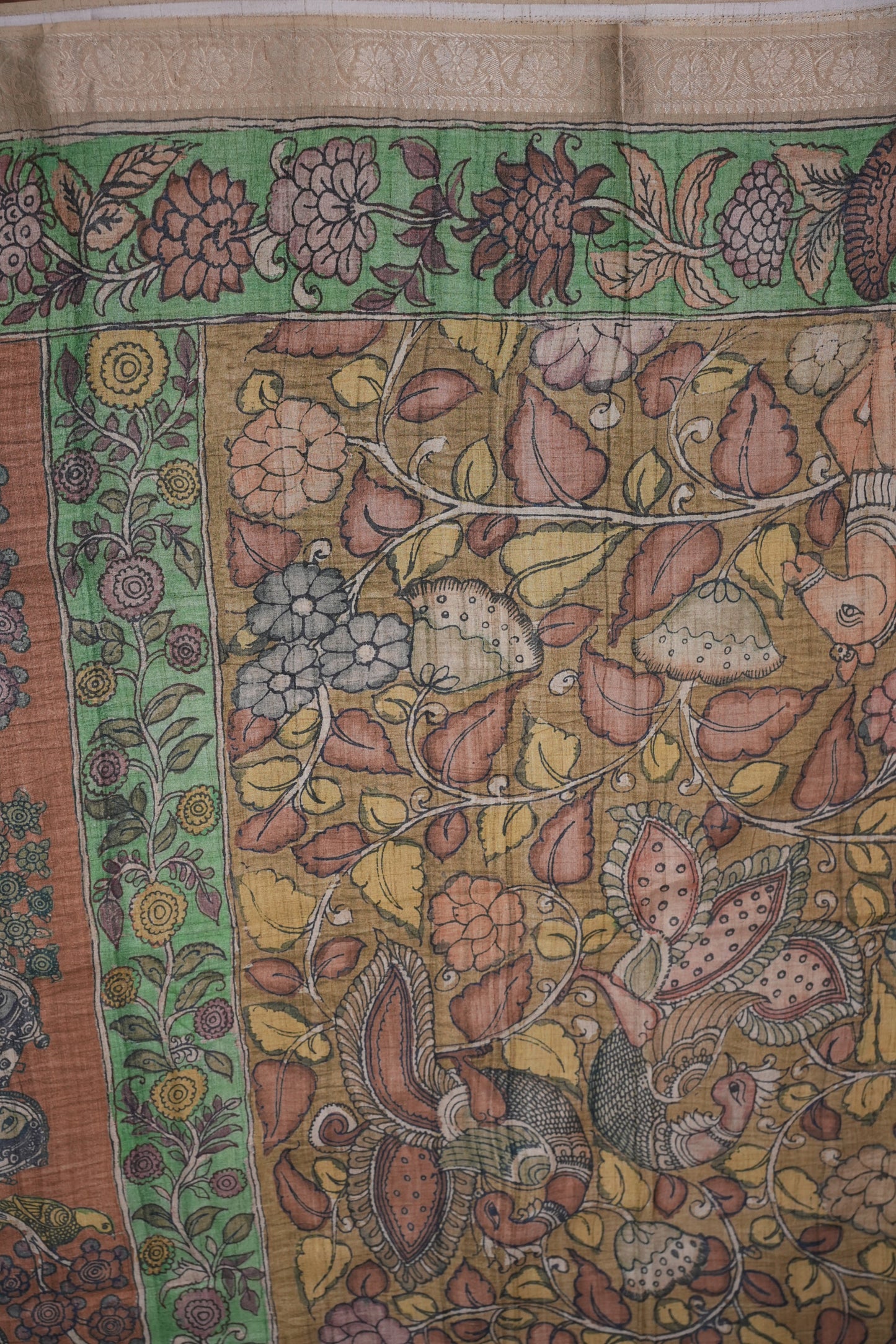 Linen Tussar Saree with Kalamkari Digital Print – Rust Brown Heritage Theme