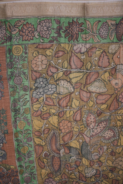 Linen Tussar Saree with Kalamkari Digital Print – Rust Brown Heritage Theme